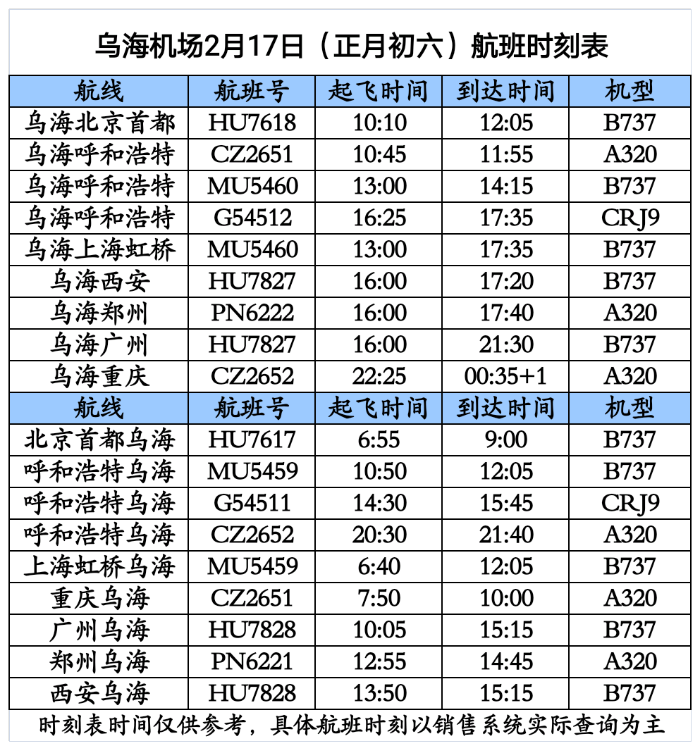 乌海机场最新航班时刻表详解